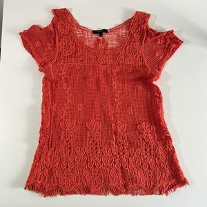 Verty Crochet Knit‎ Top Orange Floral Open Cold Shoulder Short Sleeve L